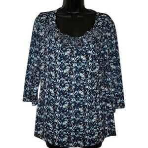 Kim Rogers Womens Floral Blue & Black Long Sleeve Tunic Top With Rosette Necklin